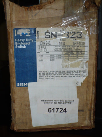 1 pc Siemens SN-323 Heavy Duty Enclosed Switch, 100A, 240V, 2 Pole, Fusible,New
