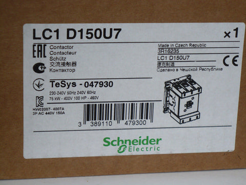 Schneider Electric LC1D150U7 Contactor, 150 Amp, 3 Pole, New